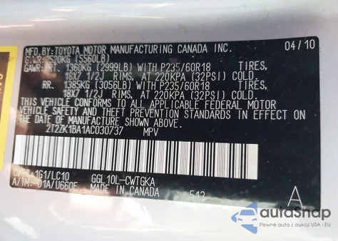 2010 Lexus Rx 350 from USA, damaged, VIN 2T2ZK1BA1AC030737